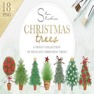 18个水彩圣诞树的甜美小集合