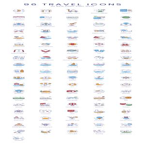 一流设计素材网下午茶：96个彩色的极简主义扁平化旅行主题图标套装[Ai]