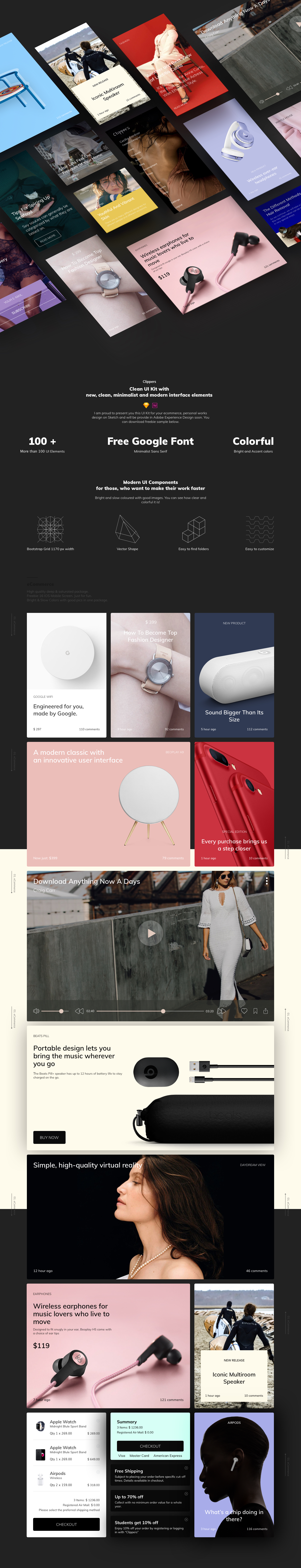 Behance 注册设计师杰作 APP UI 套件Clippers UI Kit Free Sample [for Sketch]