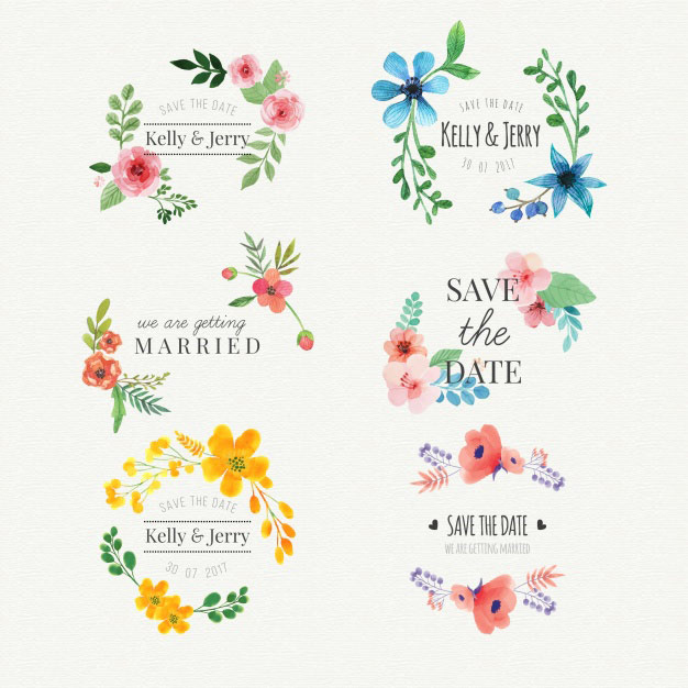 6个水彩婚礼标签 Floral watercolor wedding stickers set