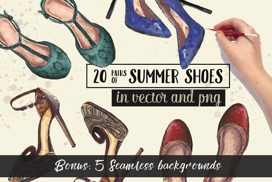 20双手绘高跟鞋水彩插画 20 Pairs of Summer Shoes