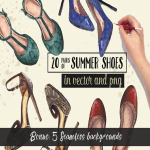 20双手绘高跟鞋水彩插画 20 Pairs of Summer Shoes