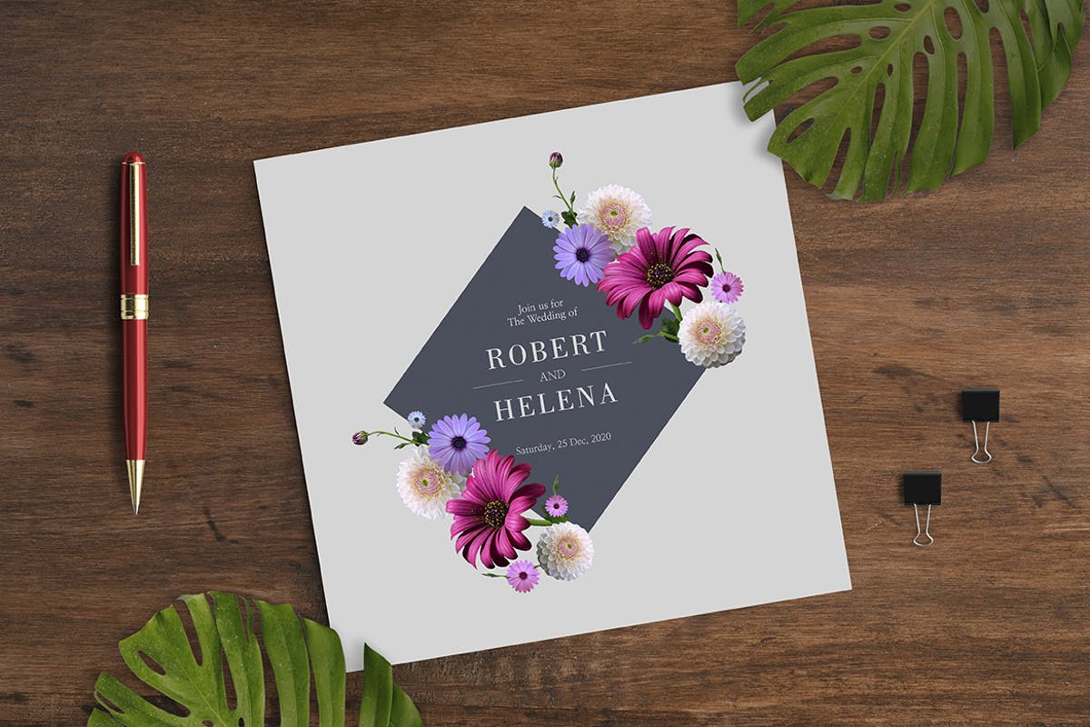 鲜花婚礼请柬/贺卡设计模板 Floral Wedding Invitation Card