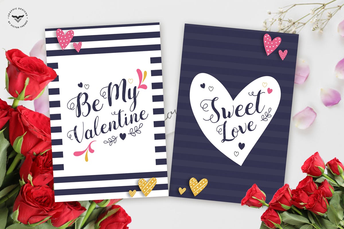 条纹风格情人节贺卡PSD模板 Valentines Day Greeting Card Template