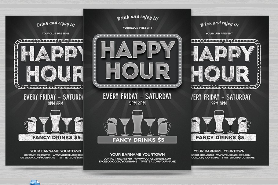 酒吧清吧冷饮店活动海报PSD模板 Happy Hour Flyer