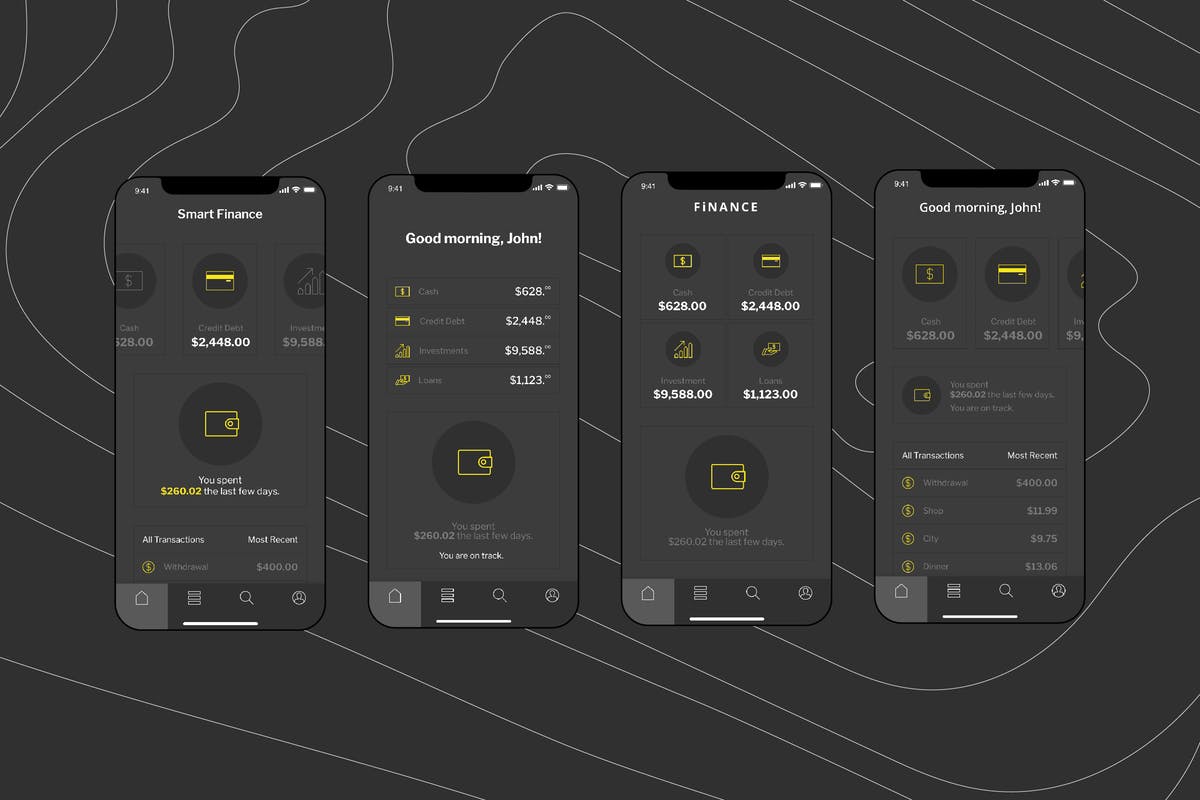 电子钱包APP应用用户中心UI界面模板[黑色配色方案]v4 Mobile Finance Home Ui – FD