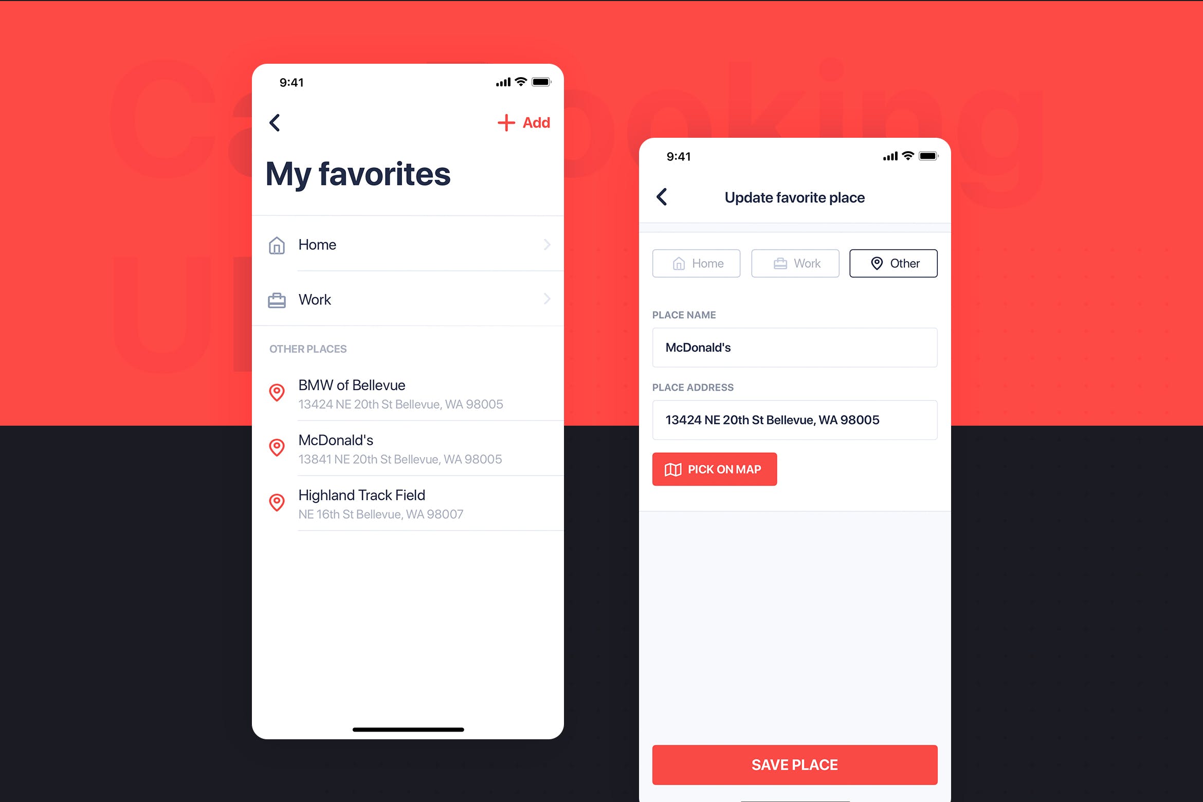 网约车APP应用UI设计之我的收藏界面设计模板 Car Booking UI mobile concept – My Favorites