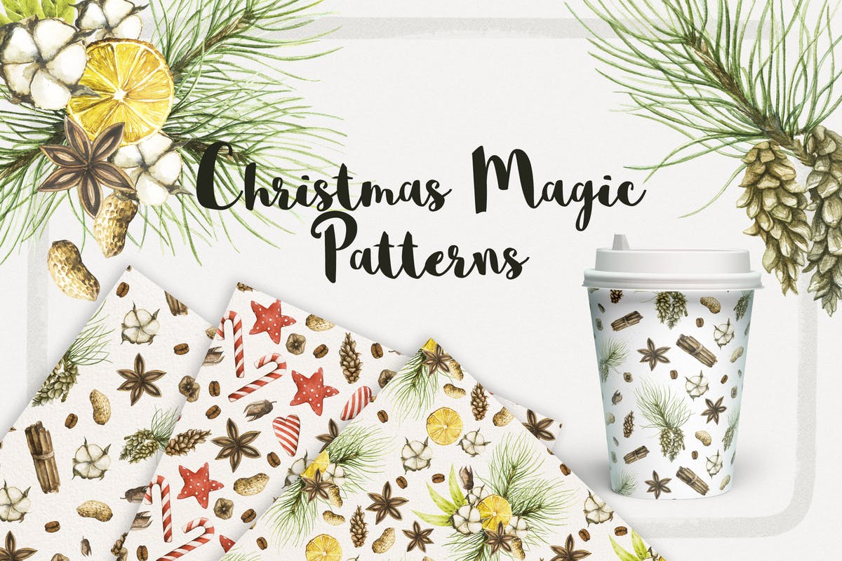 圣诞主题魔法水彩无缝图案背景素材 Watercolor Christmas Magic Patterns