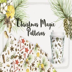 圣诞主题魔法水彩无缝图案背景素材 Watercolor Christmas Magic Patterns
