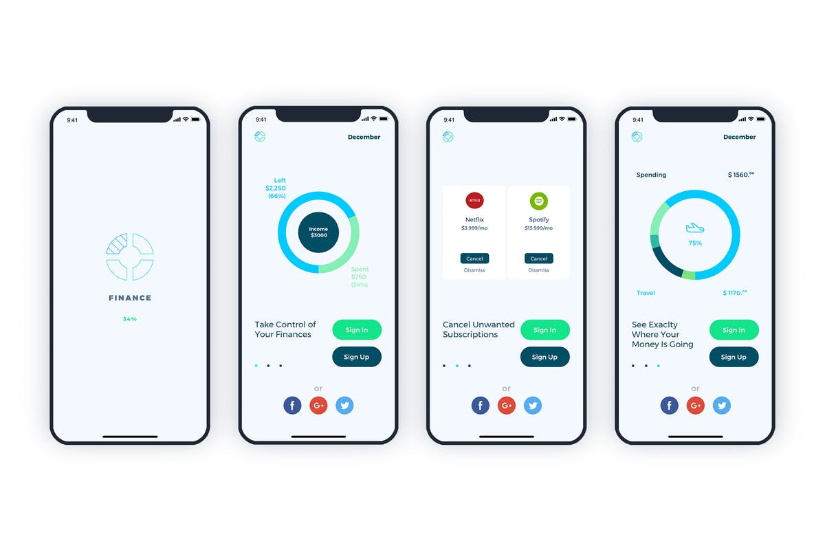 金融钱包手机APP应用UI设计套件 Launch Screens Walkthroughs Finance Mobile UI – FH