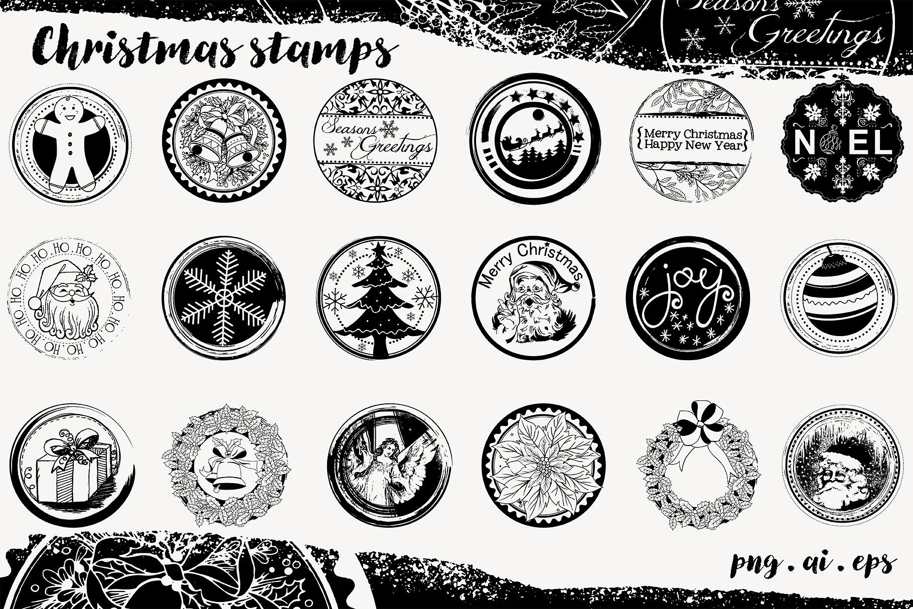 圣诞节日主题封条数码印章设计 Christmas Seals Digital Stamp Set