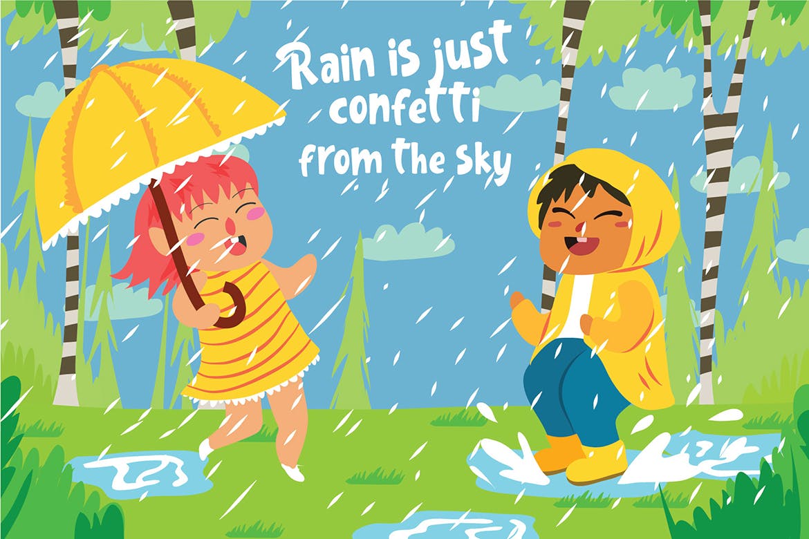 夏天雨季主题儿童矢量插画素材 Raining – Vector Illustration