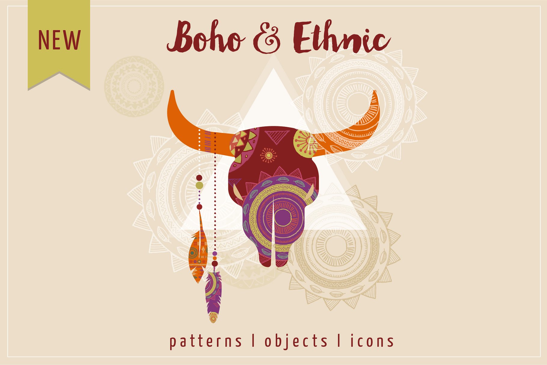 波希米亚部落文化纹理+图标 Boho & Ethnic set. Patterns + icons