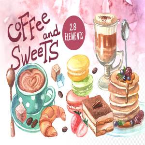 高质量的手绘水彩画咖啡&甜品图集下载[psd,png,jpg]