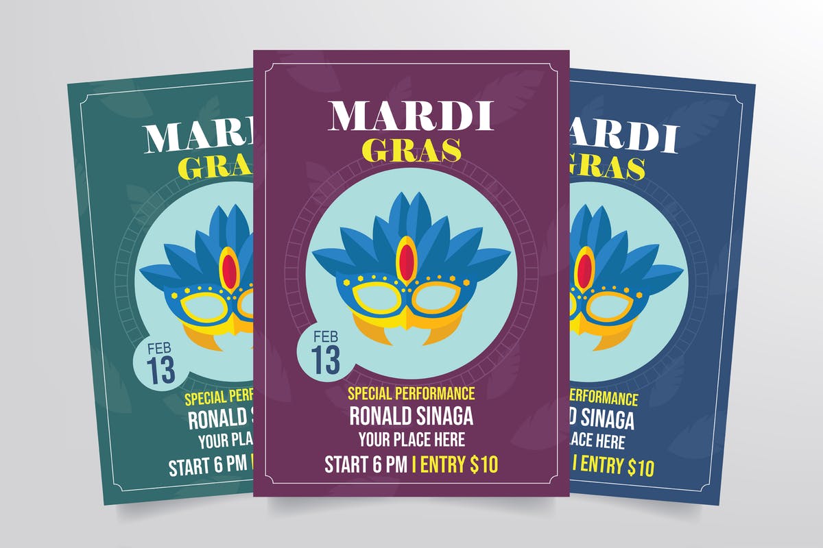 蒙面狂欢节活动海报设计模板 Mardi Gras Flyer Template Vol. 2