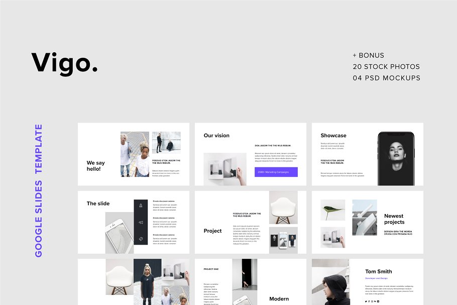 初创企业互联网项目演示谷歌幻灯片模板 VIGO – Google Slides Template +Bonus