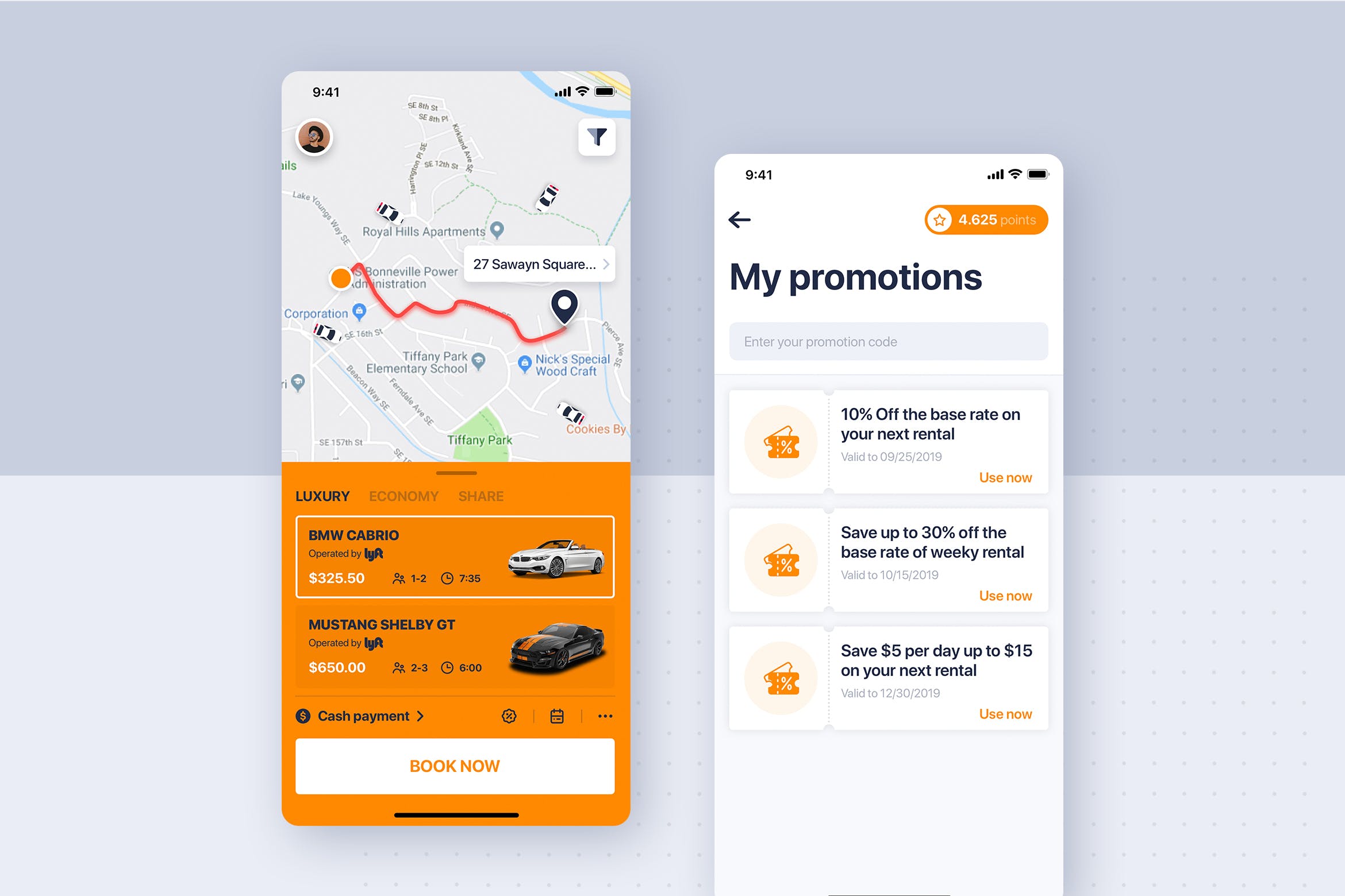 类滴滴打车APP应用我的优惠界面设计模板 Car rental mobile UI Kit – My Promotions