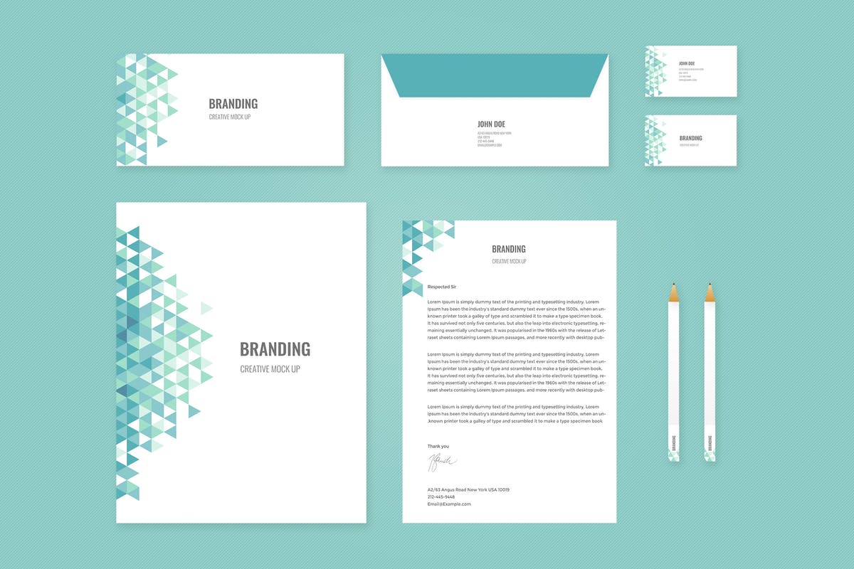 企业品牌办公用品样机模板 Branding Identity Mock Up – Teal Tirangles