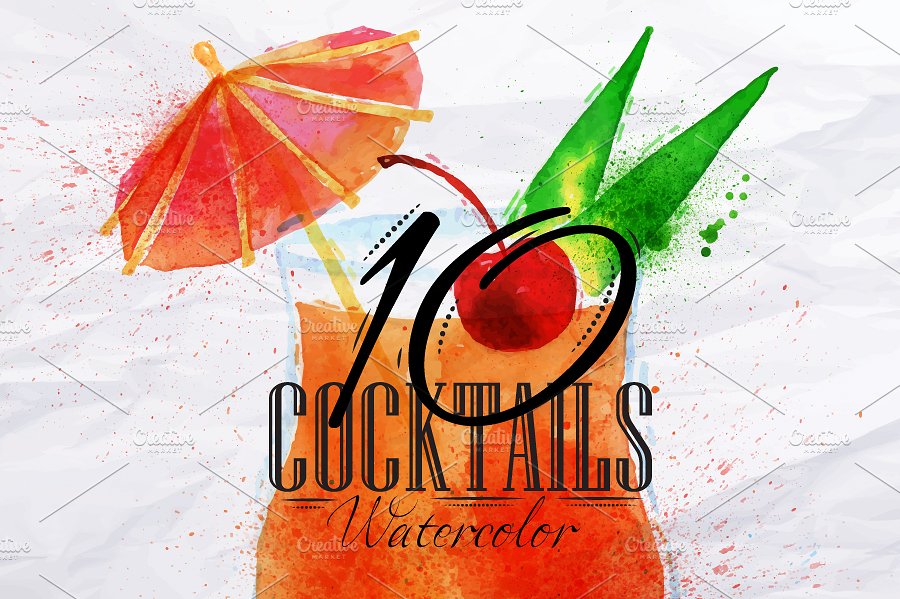 鸡尾酒水彩画矢量图形 Cocktails watercolor