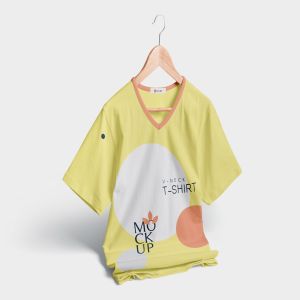 V领T恤服装印花设计效果图样机 V-Neck T-Shirt Mockups