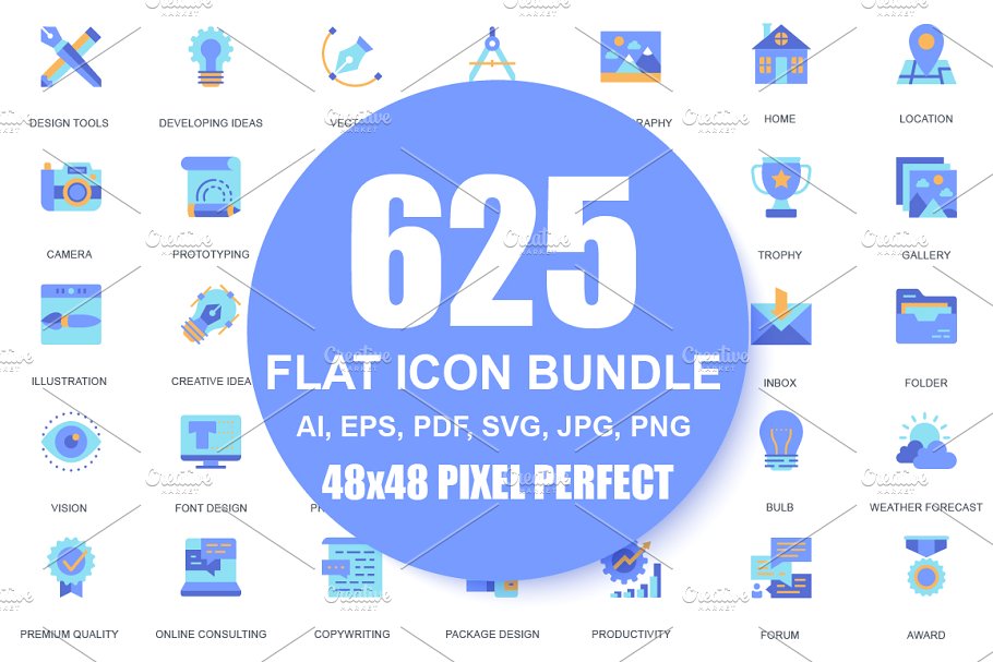 现代多领域蓝色扁平化设计图标 Flat Icons Blue Style