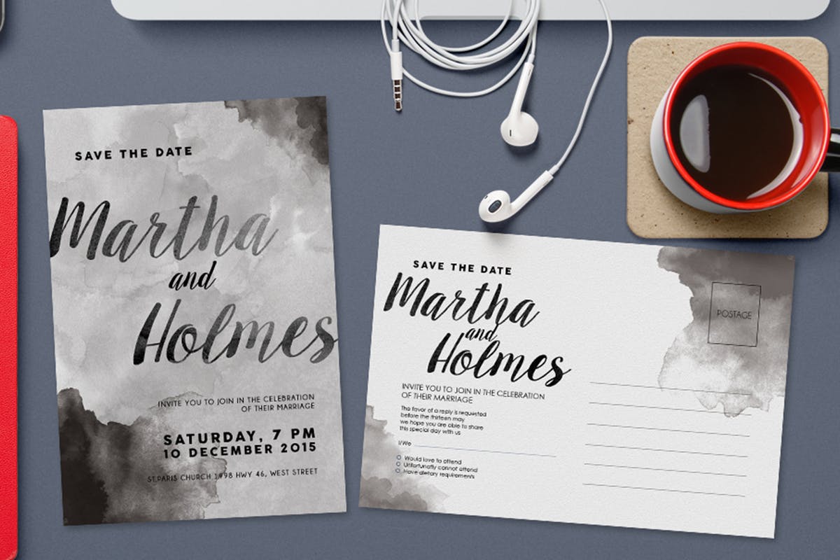 黑白水彩风格婚礼邀请函模板 Black & White Watercolor Invitation