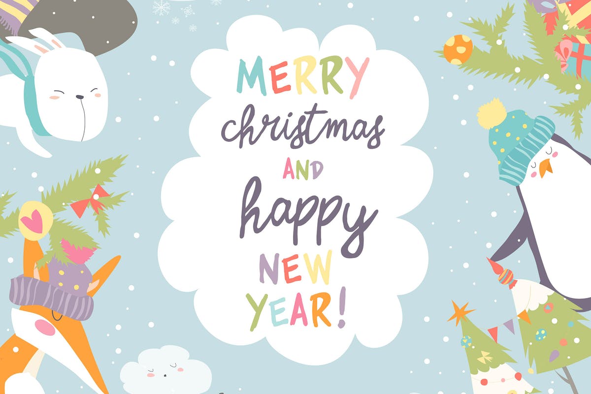 可爱的圣诞装饰与有趣的卡通动物矢量插画 Cute christmas frame with funny cartoon animals.