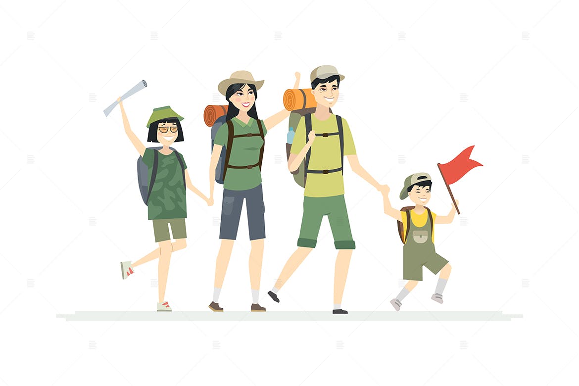 户外远足场景卡通人物矢量图形 Family goes hiking – cartoon people characters