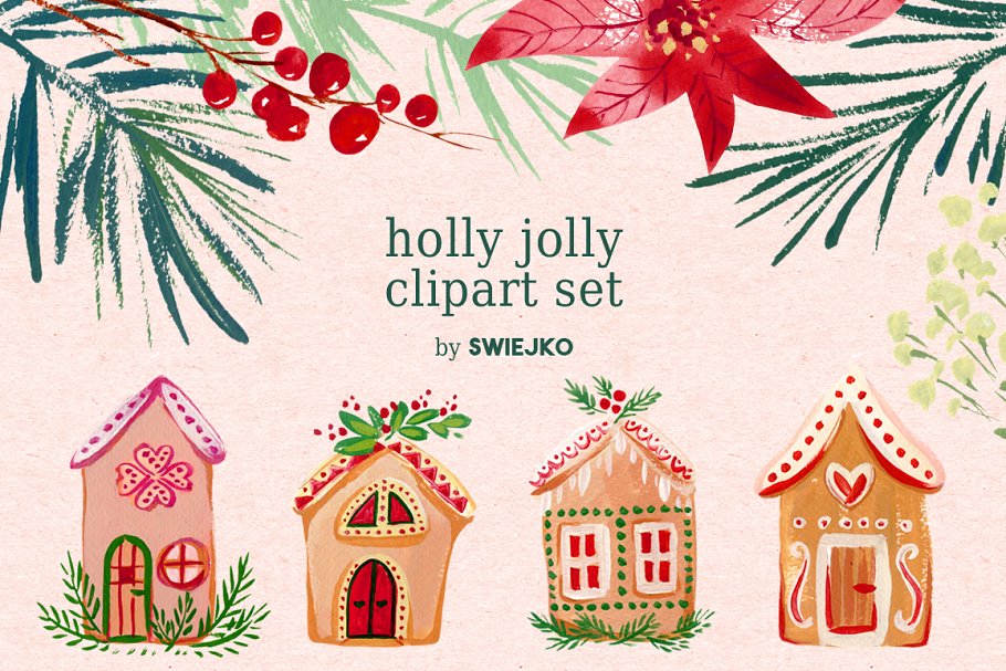 圣诞节水粉剪贴画 Gouache Christmas clipart set