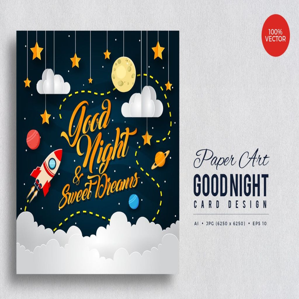 剪纸艺术晚安贺卡矢量模板v3 Paper Art Good Night Vector Card Vol.3插图