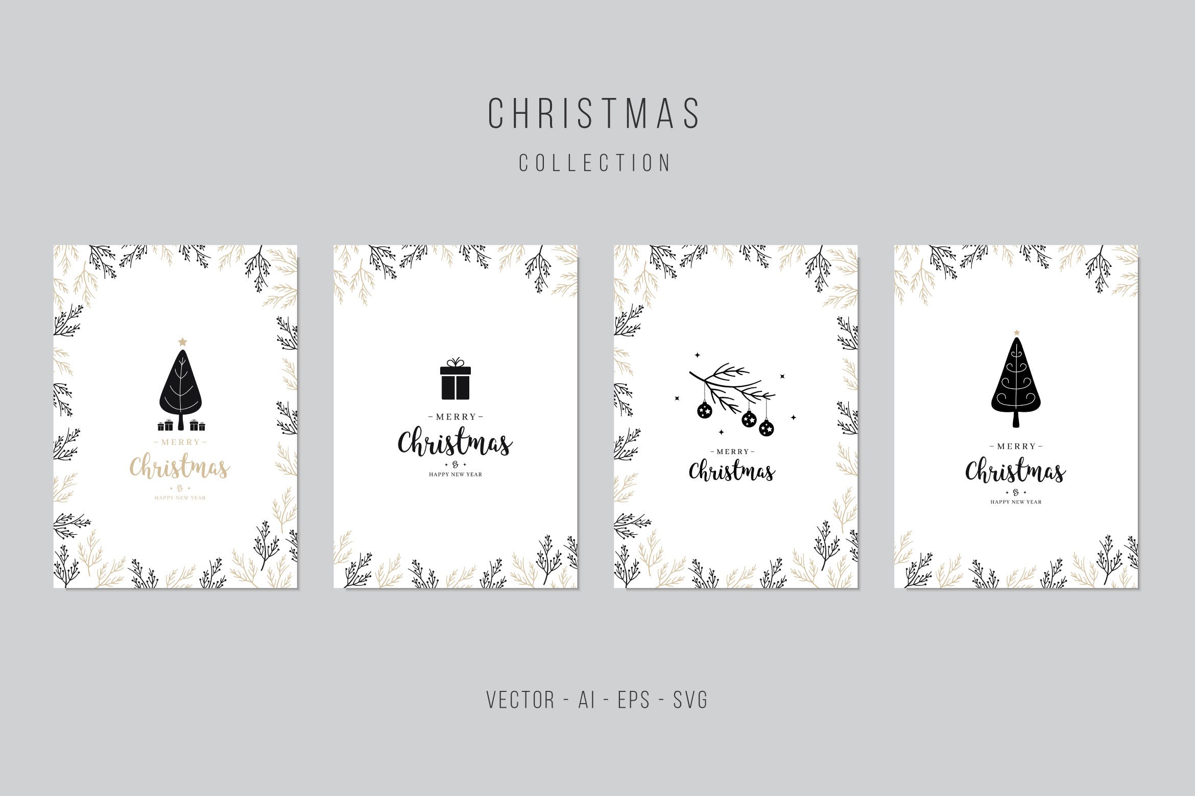植物手绘图案圣诞节贺卡矢量设计模板集v1 Christmas Greeting Vector Card Set