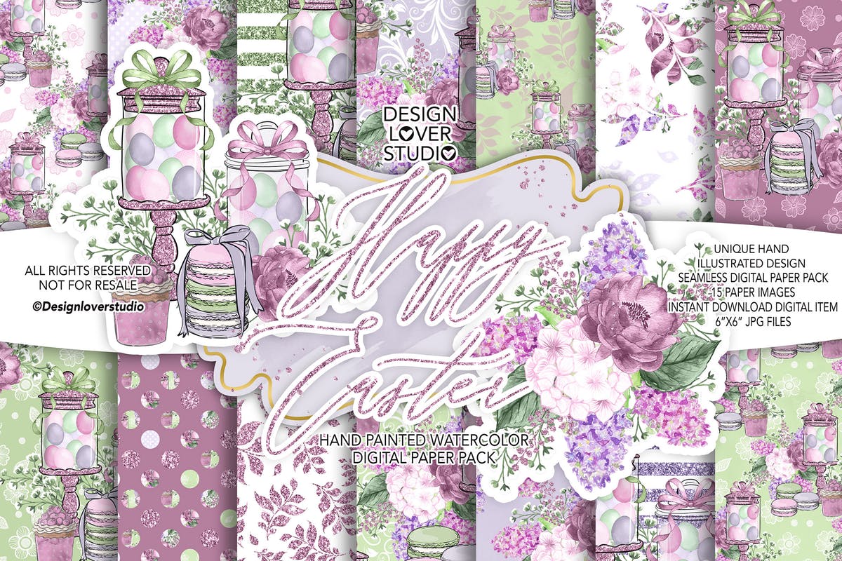快乐复活节紫色水彩花卉剪贴画素材 Happy Easter digital paper pack
