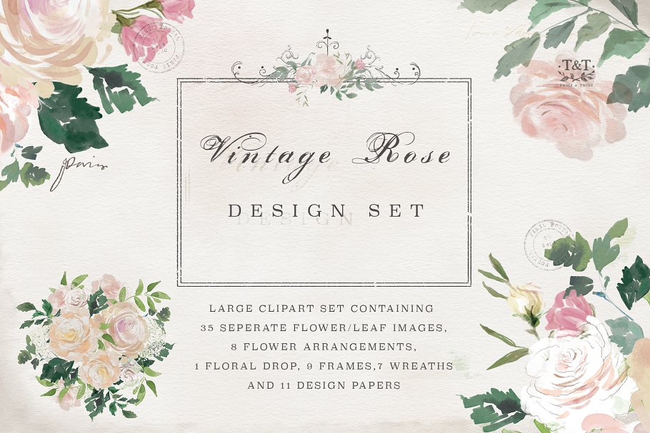 复古水彩玫瑰花卉剪贴画 Vintage Rose – Flower Clipart Set