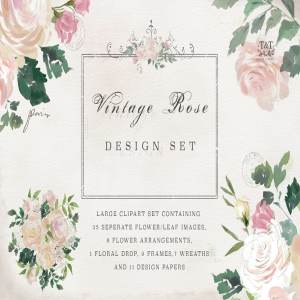 复古水彩玫瑰花卉剪贴画 Vintage Rose – Flower Clipart Set