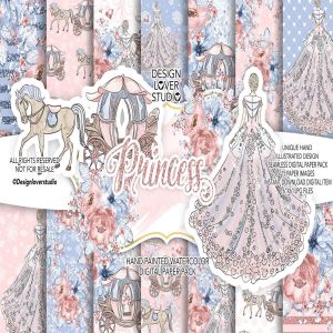 公主水彩花卉图案/剪贴画设计套装 Princess digital paper pack