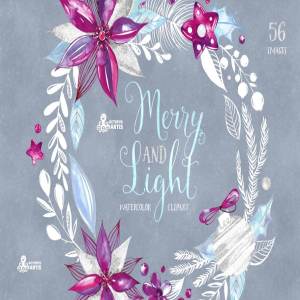 假日手绘水彩花卉剪贴画合集 Merry and Light. Holiday collection