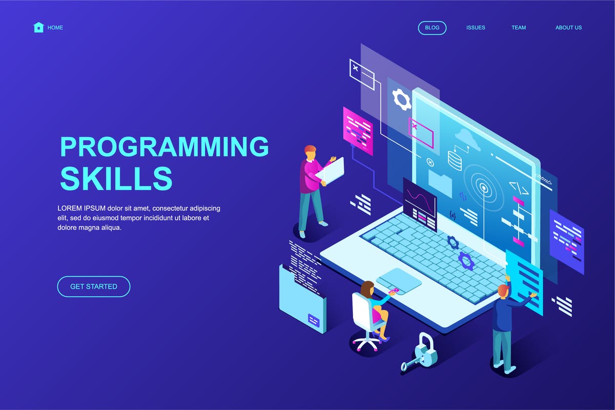 编程技能培训等距概念插画着陆页设计PSD模板 Programming Skills Isometric Landing Page Template