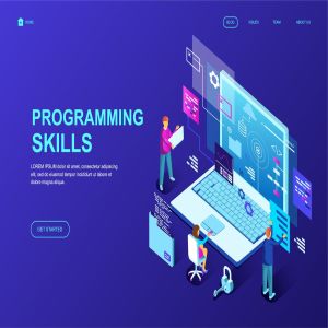 编程技能培训等距概念插画着陆页设计PSD模板 Programming Skills Isometric Landing Page Template
