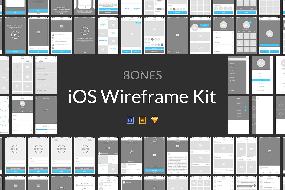 iOS 应用设计线框图素材包 Bones IOS Wireframe Kit [PS,AI,Sketch]