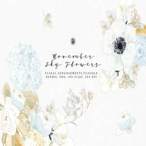 质朴素雅手绘水彩花卉剪贴画 November Sky Flowers