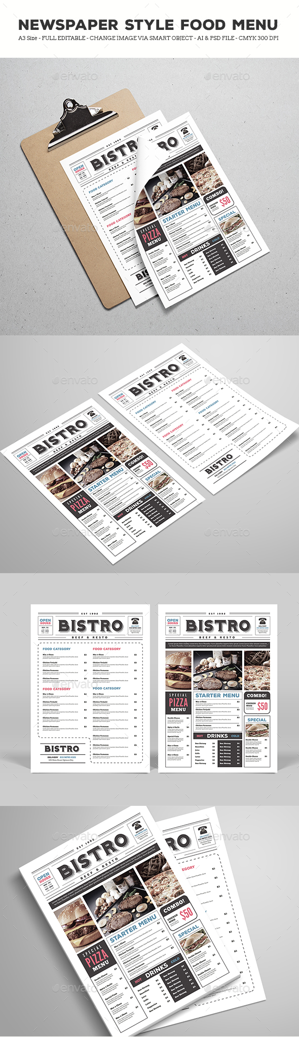 独特报纸式的食物菜单模板下载 Newspaper Style Food Menu [ai,psd]