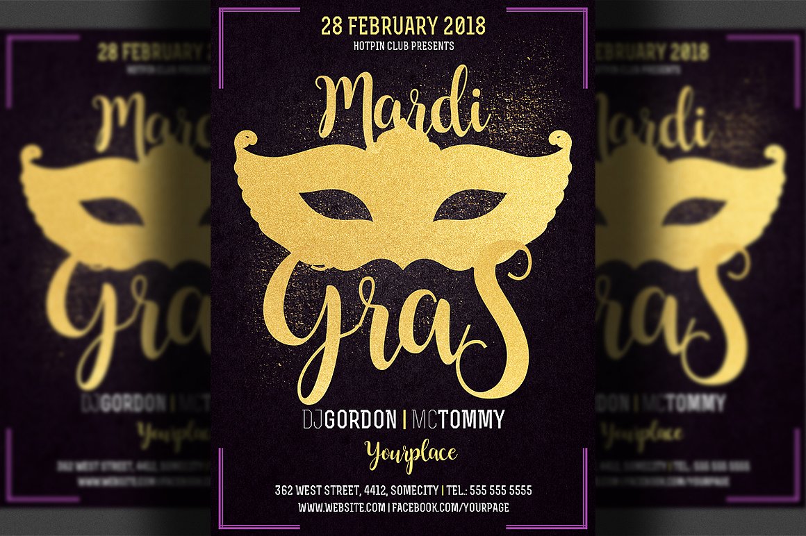 狂欢节化装舞会活动宣传单页模板 Mardi Gras Flyer Template