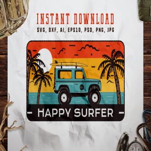 旅行冲浪俱乐部徽标/复古旅行品牌Logo设计模板 Happy Surfer Badge / Vintage Travel Logo插图1