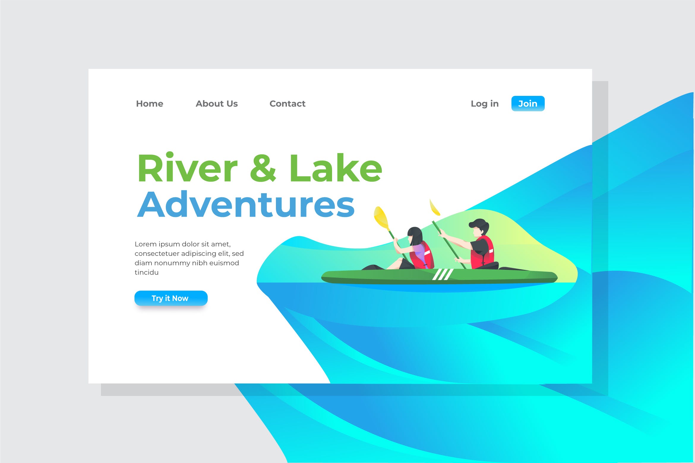江河＆湖泊冒险运动概念插画网站着陆页设计模板 River & Lake Adventures Landing Page Illustration