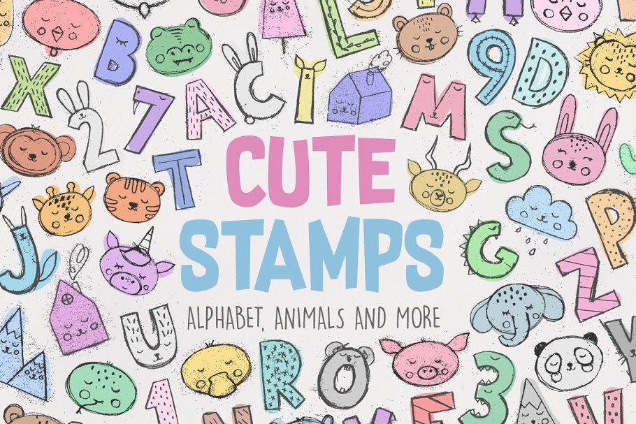 可爱动物、字母、数字矢量图案 Cute Stamps Pro