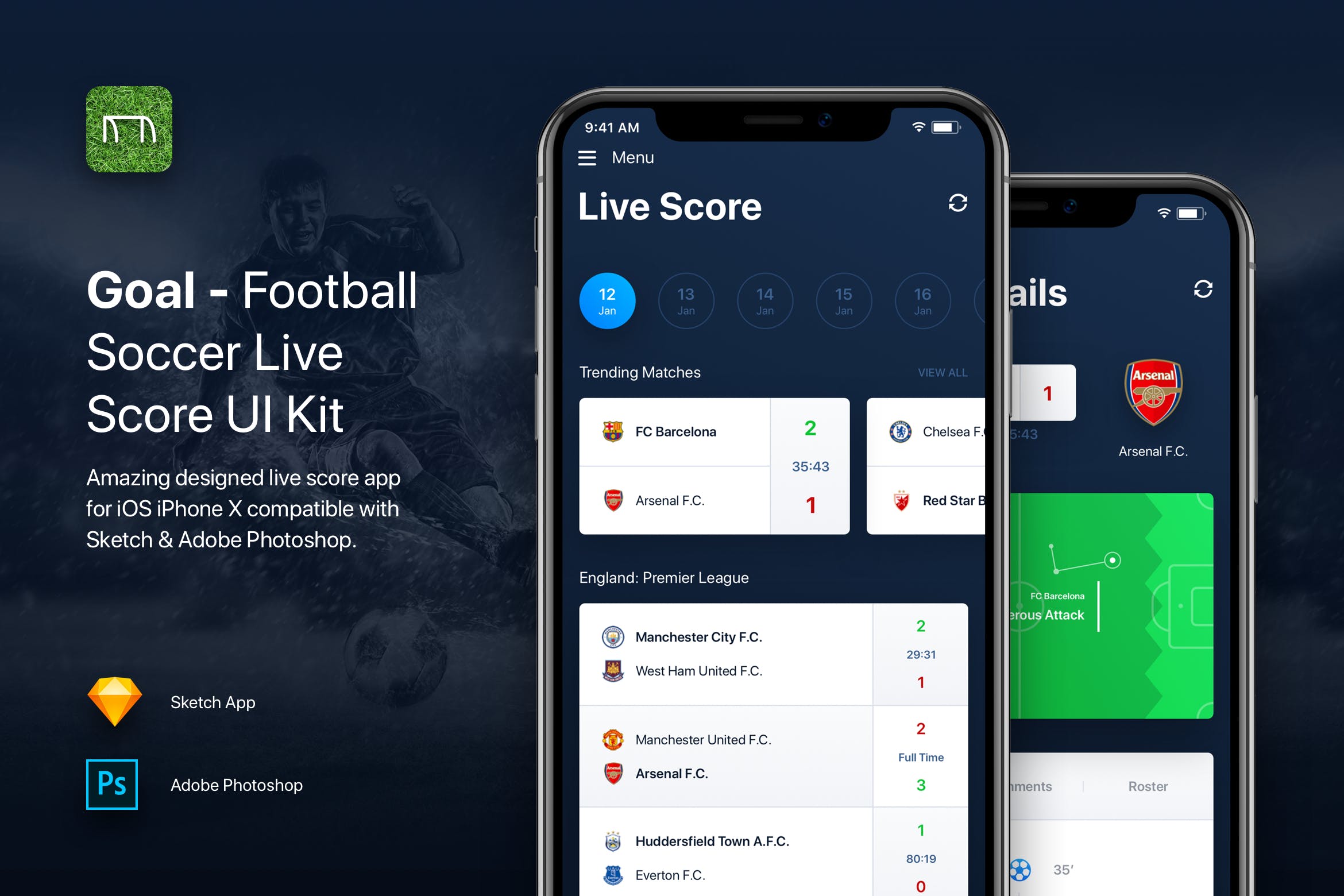 足球实时比分APP应用UI设计模板 Goal – Football Soccer Live Score UI Kit Template