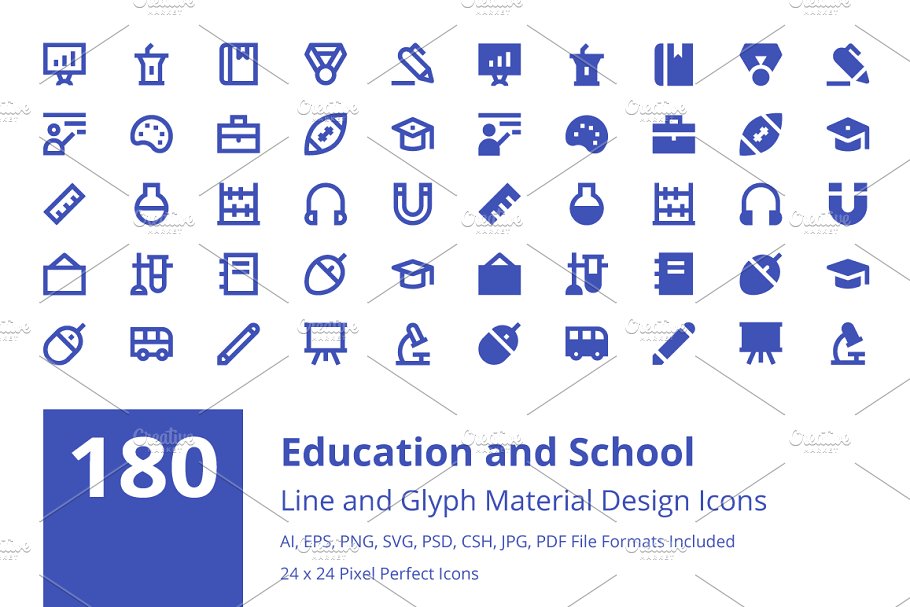 材料教育与学校图标 Material Education and School Icons
