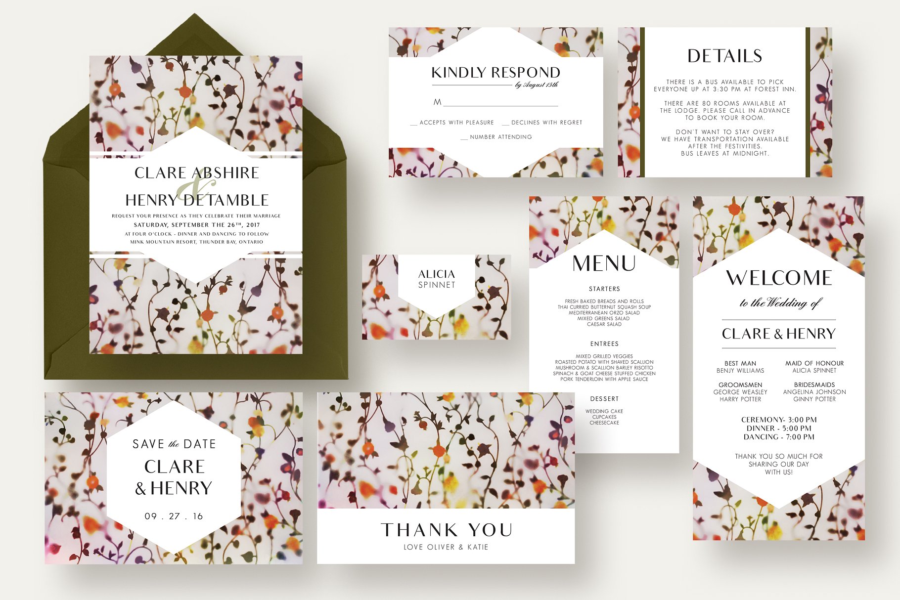 优雅清新花卉藤蔓婚庆邀请函套装 Floral Vine Wedding Suite