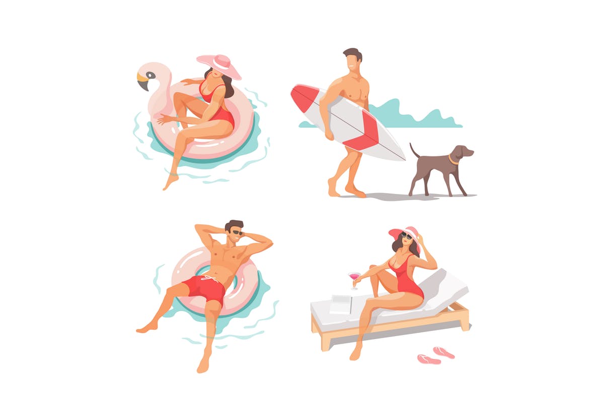 夏日海滩主题概念矢量插画素材 Set of People Performing Activities at Beach