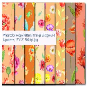 橙色水彩罂粟花图案纹理 Watercolor Poppy Pattern Orange